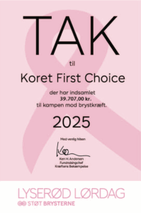 Støttebevis på 39.707 kr indsamlet til Støt Brysterne af Koret First Choice.